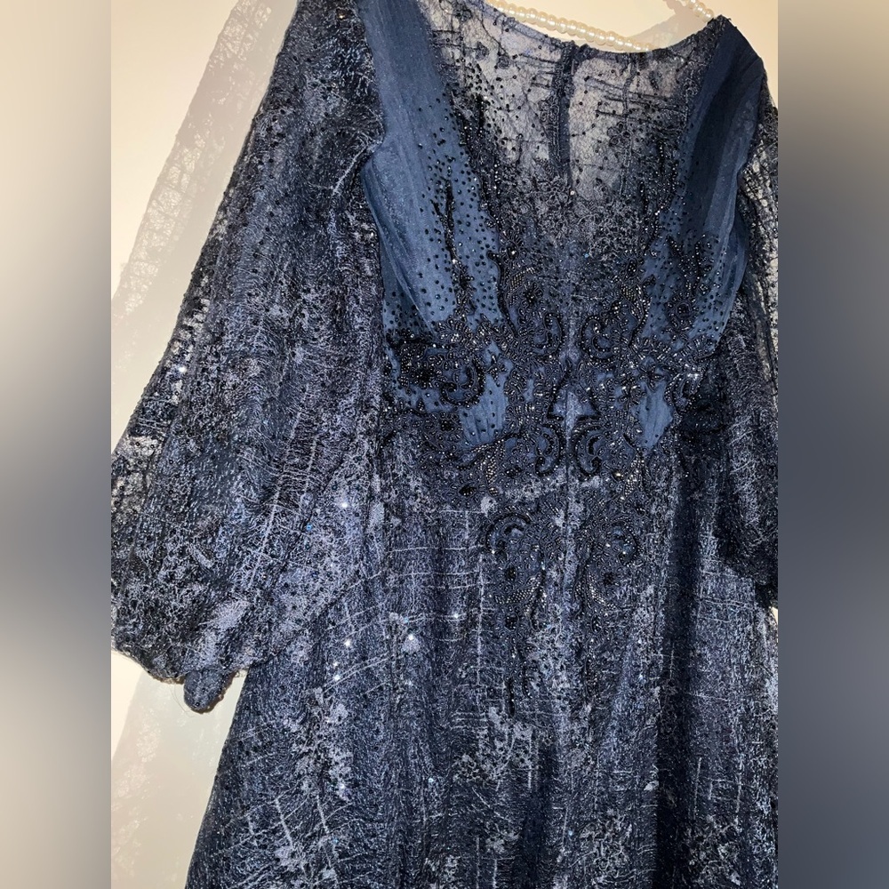 Mac Duggal Navy Blue Beaded Lace Maxi Gown - Picture 12 of 15